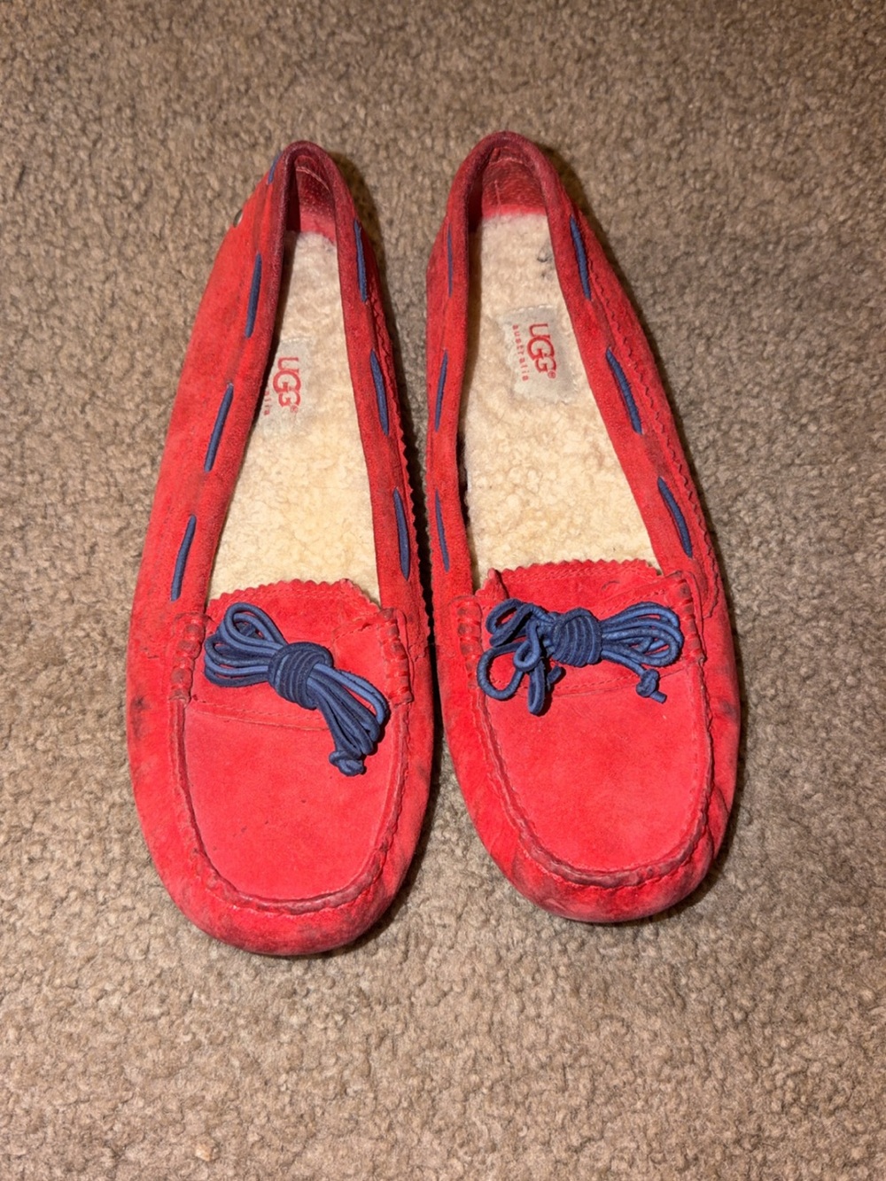 UGG Red Suede Moccasin Slippers with Blue Lace Accents